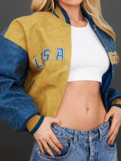 Blue Contrast Panel Distressed Faux Leather Oversized Bomber Jacket