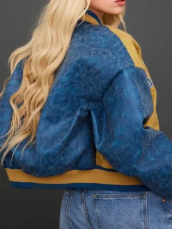 Blue Contrast Panel Distressed Faux Leather Oversized Bomber Jacket Back