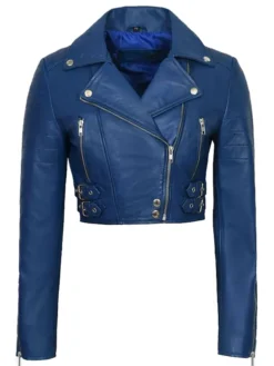 Blue Cropped Leather Jacket