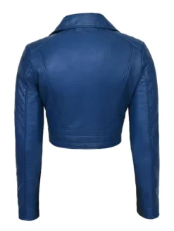 Blue Cropped Leather Jacket Back