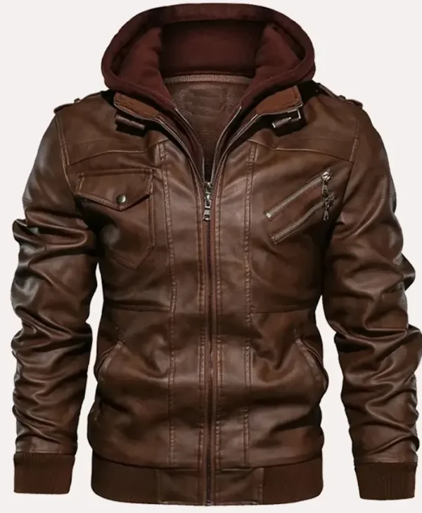 Brown Faux Leather Bomber Jacket