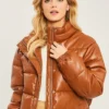 Brown Faux Leather Puffer Jacket
