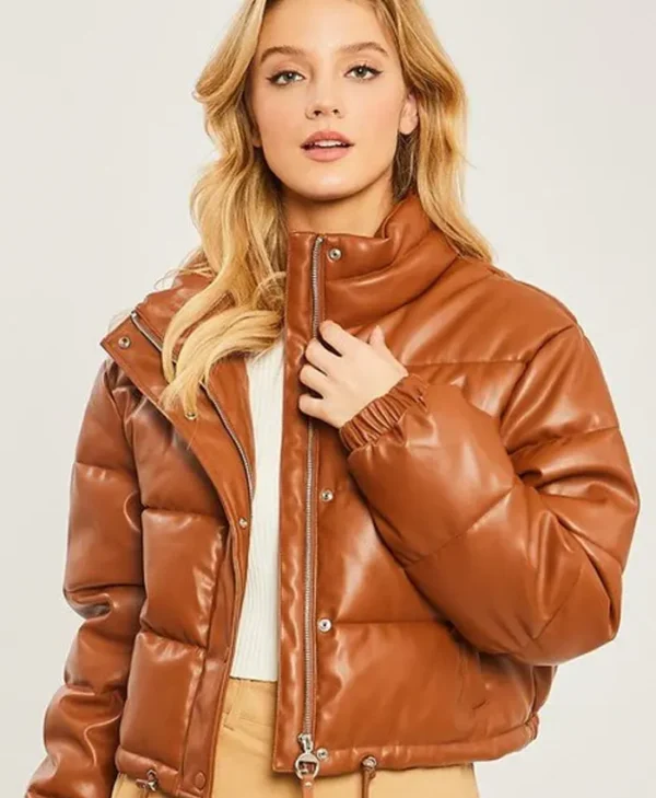 Brown Faux Leather Puffer Jacket