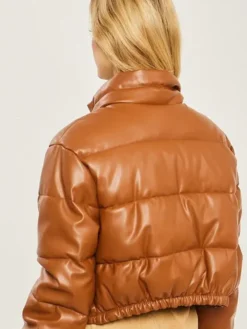 Brown Faux Leather Puffer Jacket Back