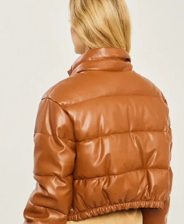 Brown Faux Leather Puffer Jacket Back