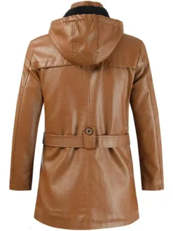 Brown Hooded Leather Jacket Back