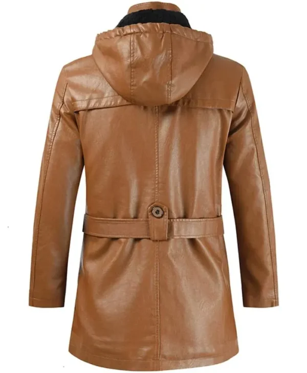 Brown Hooded Leather Jacket Back