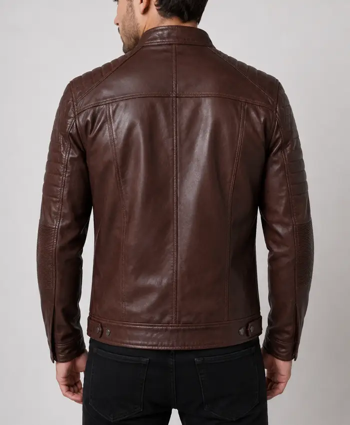 Brown Leather Cafe Racer Biker Jacket For Mens