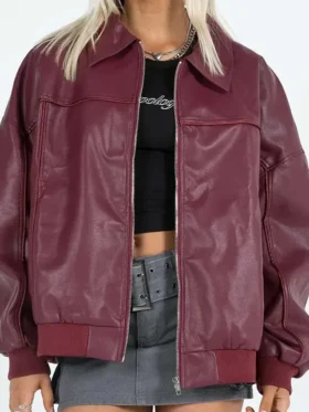 Burgundy Faux Leather Bomber Jacket