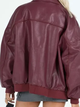 Burgundy Faux Leather Bomber Jacket Back