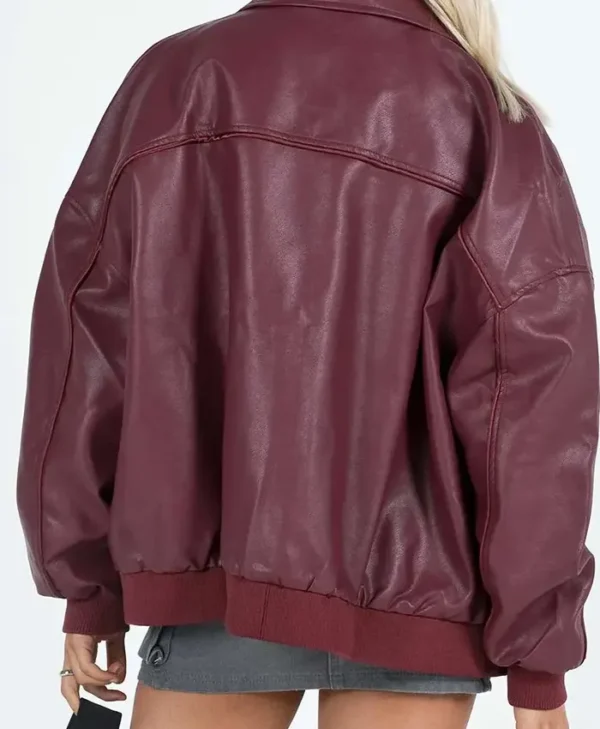 Burgundy Faux Leather Bomber Jacket Back