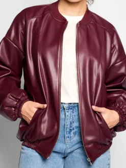 Burgundy Faux Leather Jacket For Sale