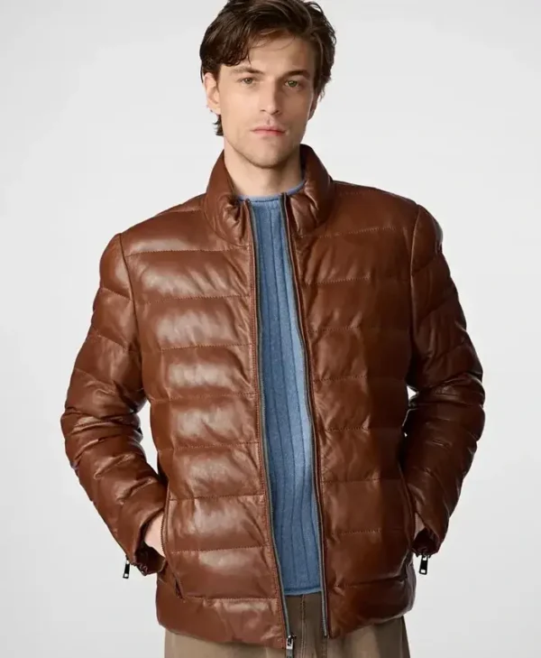 Buy Dark Brown Leather Puffer Jacket