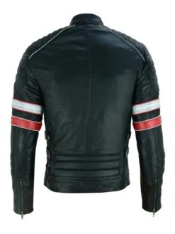 Cafe Racer Black Leather Striped Motorcycle Jacket Back