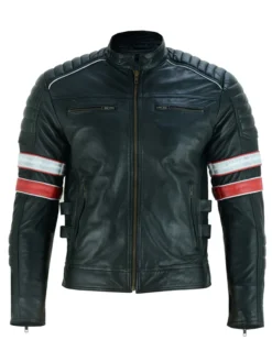 Cafe Racer Black Leather Striped Motorcycle Jacket Main