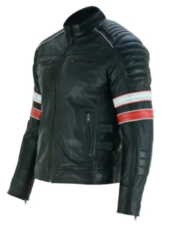 Cafe Racer Black Leather Striped Motorcycle Jacket Right Side