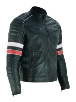 Cafe Racer Black Leather Striped Motorcycle Jacket Side