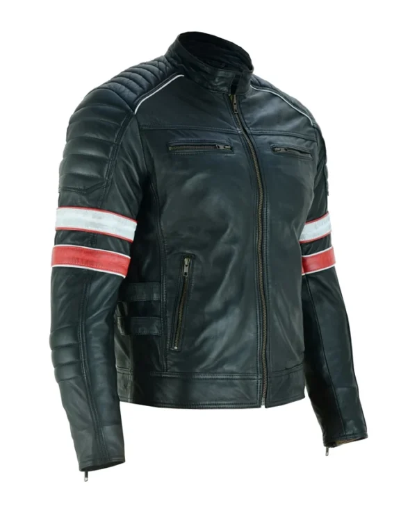 Cafe Racer Black Leather Striped Motorcycle Jacket Side