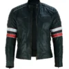 Cafe Racer Black Leather Striped Motorcycle Jacket Zipper