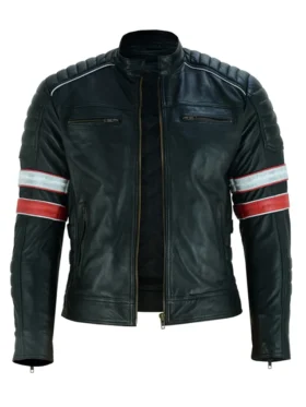 Cafe Racer Black Leather Striped Motorcycle Jacket Zipper