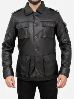 Classic Black Vintage Leather Jacket Mens Buttoned