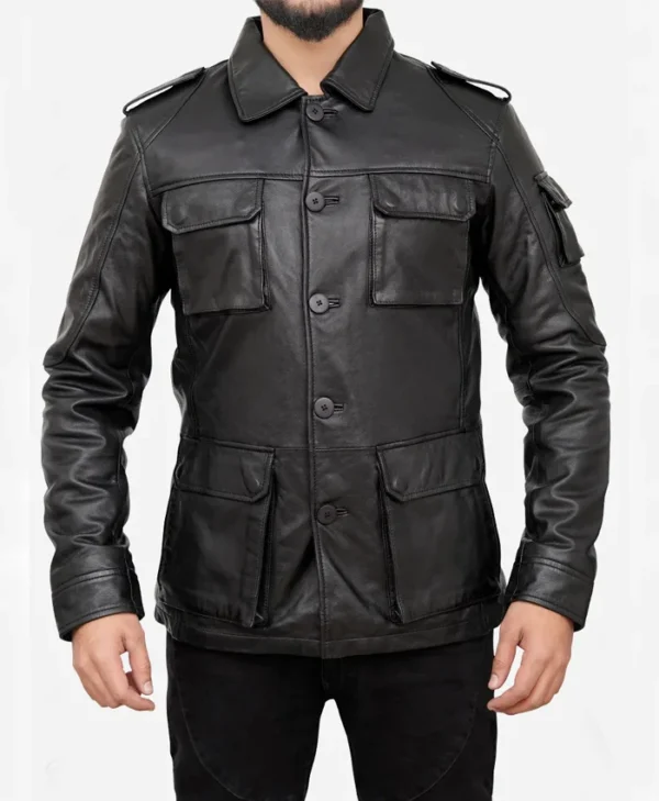 Classic Black Vintage Leather Jacket Mens Buttoned