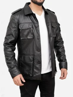 Classic Black Vintage Leather Jacket Mens Side
