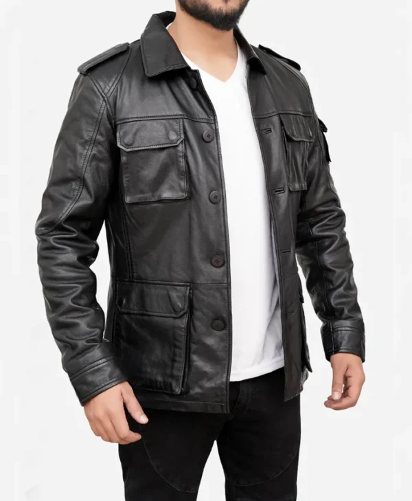Classic Black Vintage Leather Jacket Mens Side