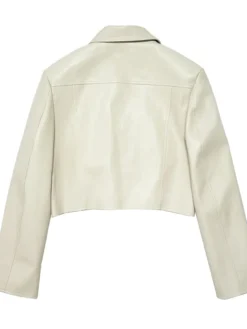 Cream Cropped Leather Jacket Back