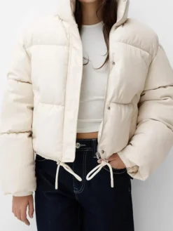 Cream Faux Leather Puffer Jacket