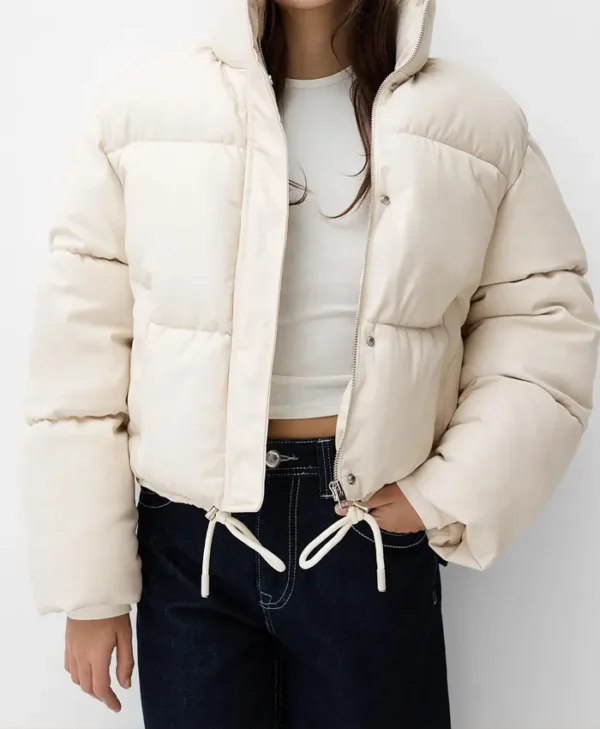 Cream Faux Leather Puffer Jacket