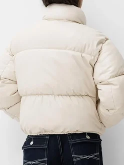 Cream Faux Leather Puffer Jacket Back