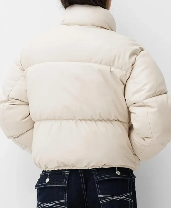 Cream Faux Leather Puffer Jacket Back