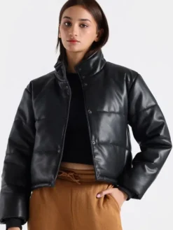 Cropped Faux Leather Puffer Jacket