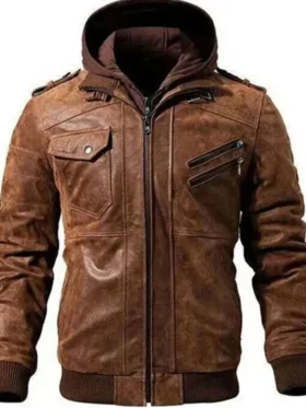 Dark Brown Hooded Leather Jacket