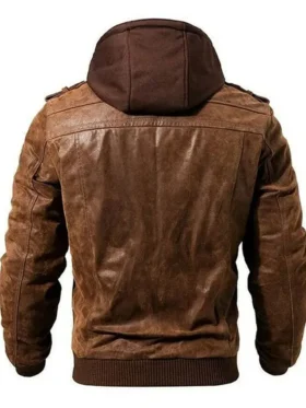 Dark Brown Hooded Leather Jacket Back
