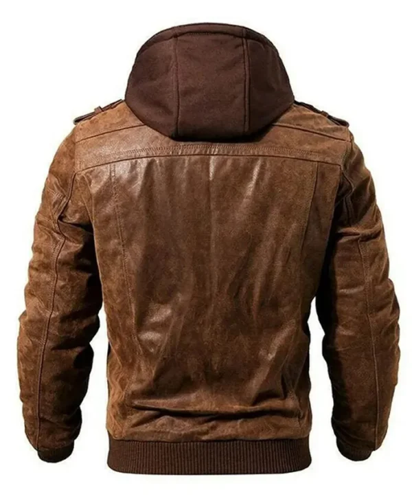 Dark Brown Hooded Leather Jacket Back