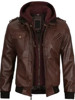 Dark Brown Leather Bomber Jacket