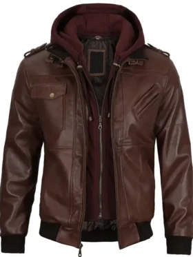Dark Brown Leather Bomber Jacket