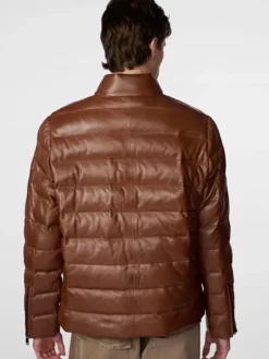 Dark Brown Leather Puffer Jacket Back