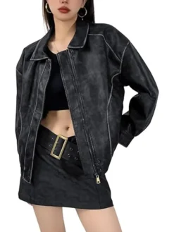 Distressed Faux Leather Bomber Jacket