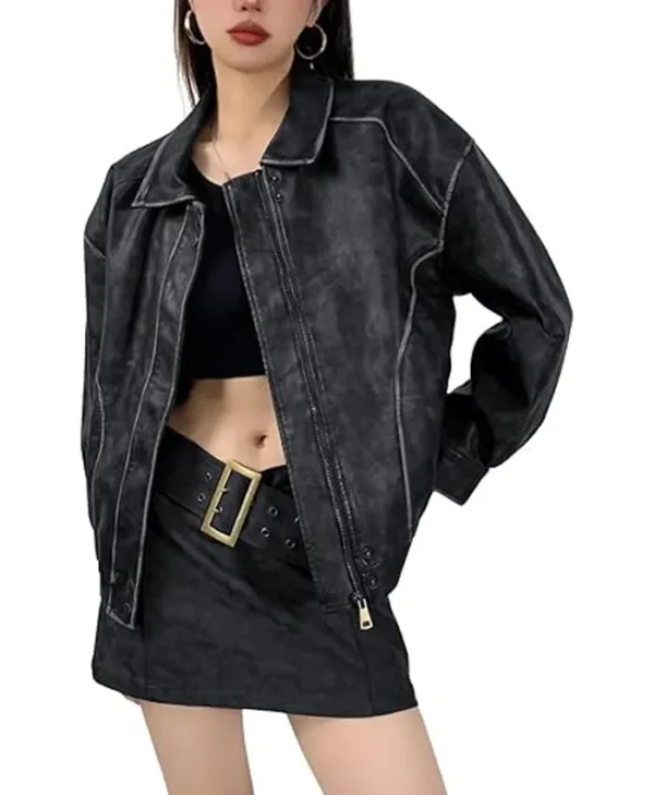 Distressed Faux Leather Bomber Jacket