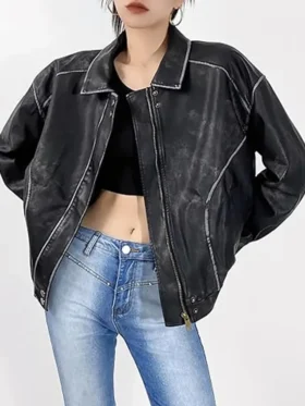 Distressed Faux Leather Bomber Jacket For Sale