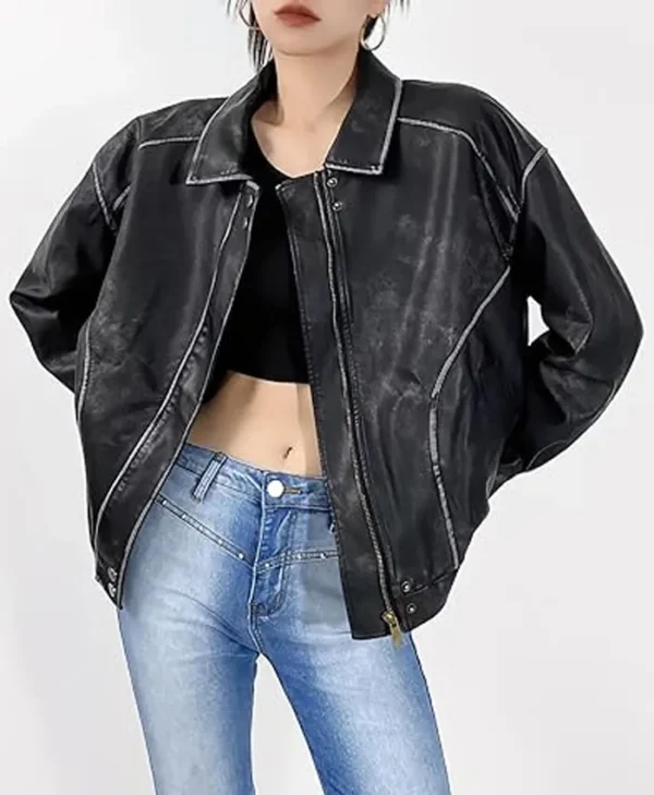 Distressed Faux Leather Bomber Jacket For Sale