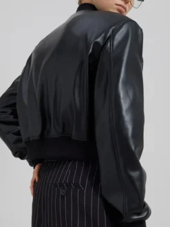 Faux Leather Cropped Bomber Jacket Back