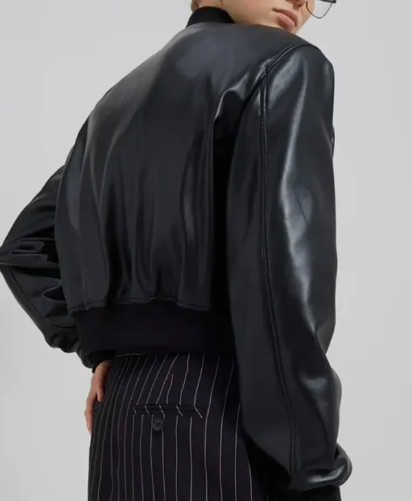 Faux Leather Cropped Bomber Jacket Back