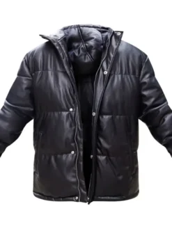 Faux Leather Puffer Jacket With Hood
