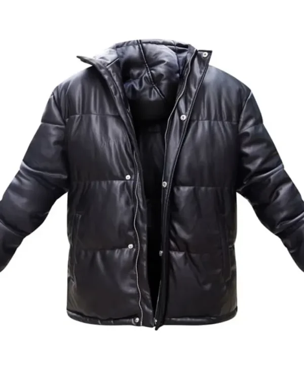 Faux Leather Puffer Jacket With Hood