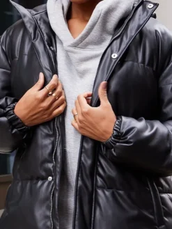 Faux Leather Puffer Jacket With Hood For Sale