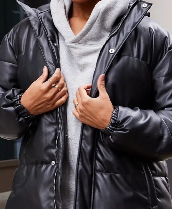 Faux Leather Puffer Jacket With Hood For Sale